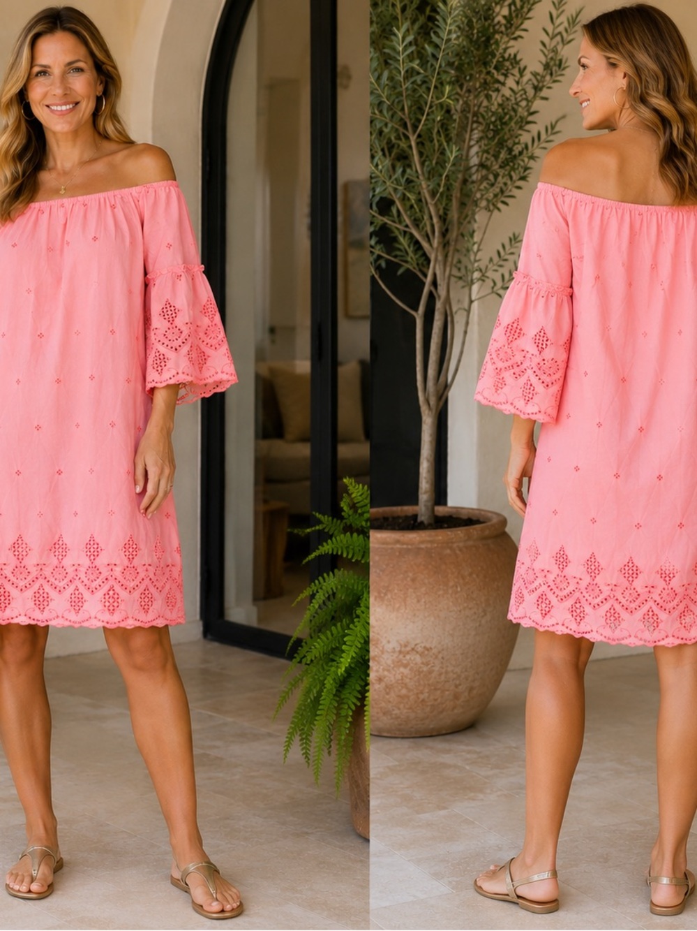 St. John's Bay Coral Pink Off-Shoulder Eyelet Cover-Up Dress